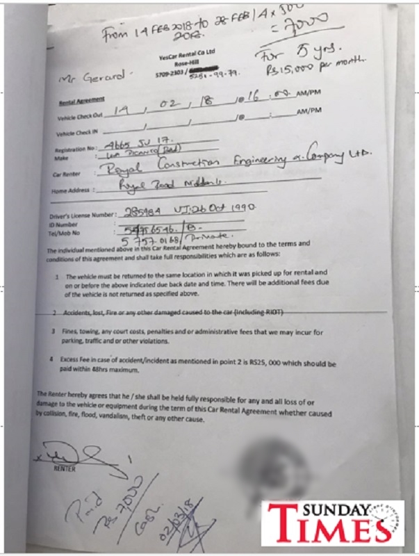 Copie du contrat qu'il a signé pour la location d'une voiture sans que le moindre sou ne soit déboursé